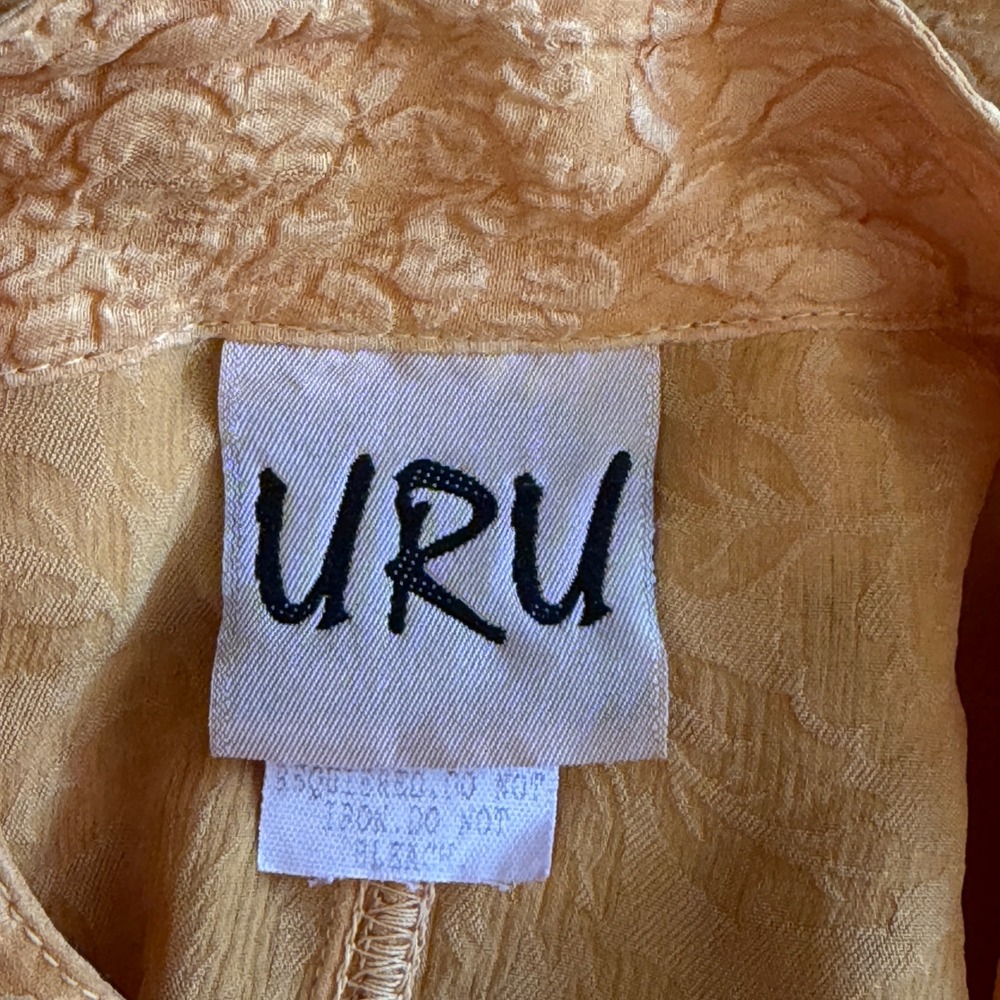 URU 100% Silk Yellow Crinkle Tunic Mandarin Collar Frog Toggle Lagenlook Large - Picture 10 of 14